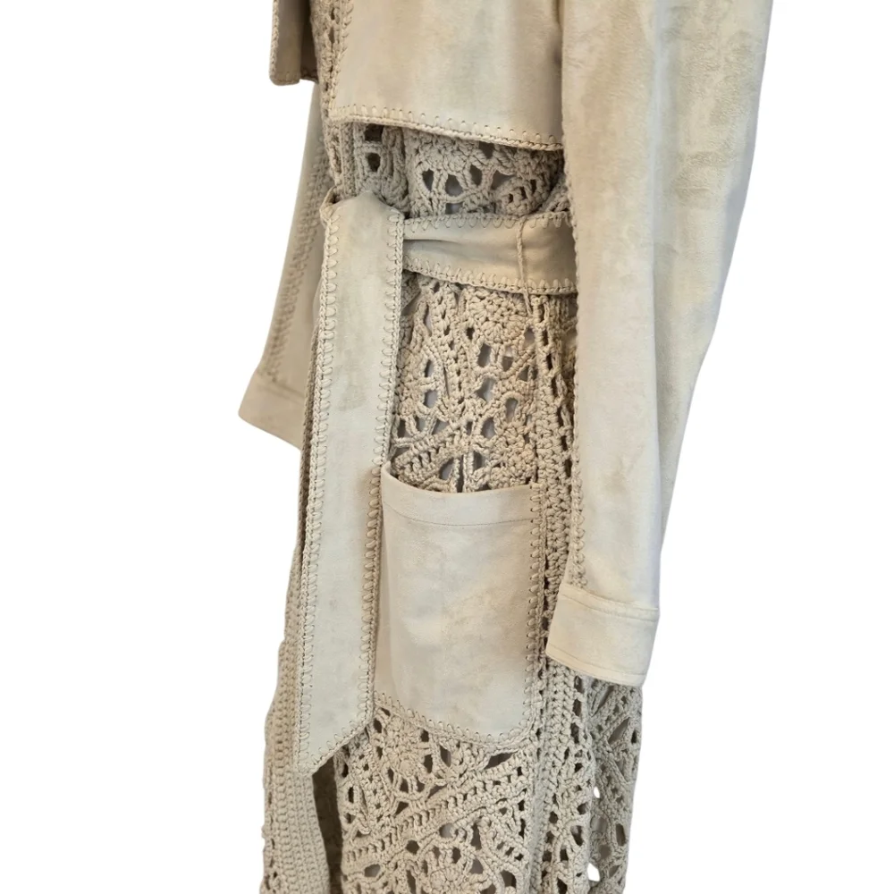 Jonathan Simkhai Yani Combo crochet and suede trench coat With Fringes, Beige M - Picture 8 of 16
